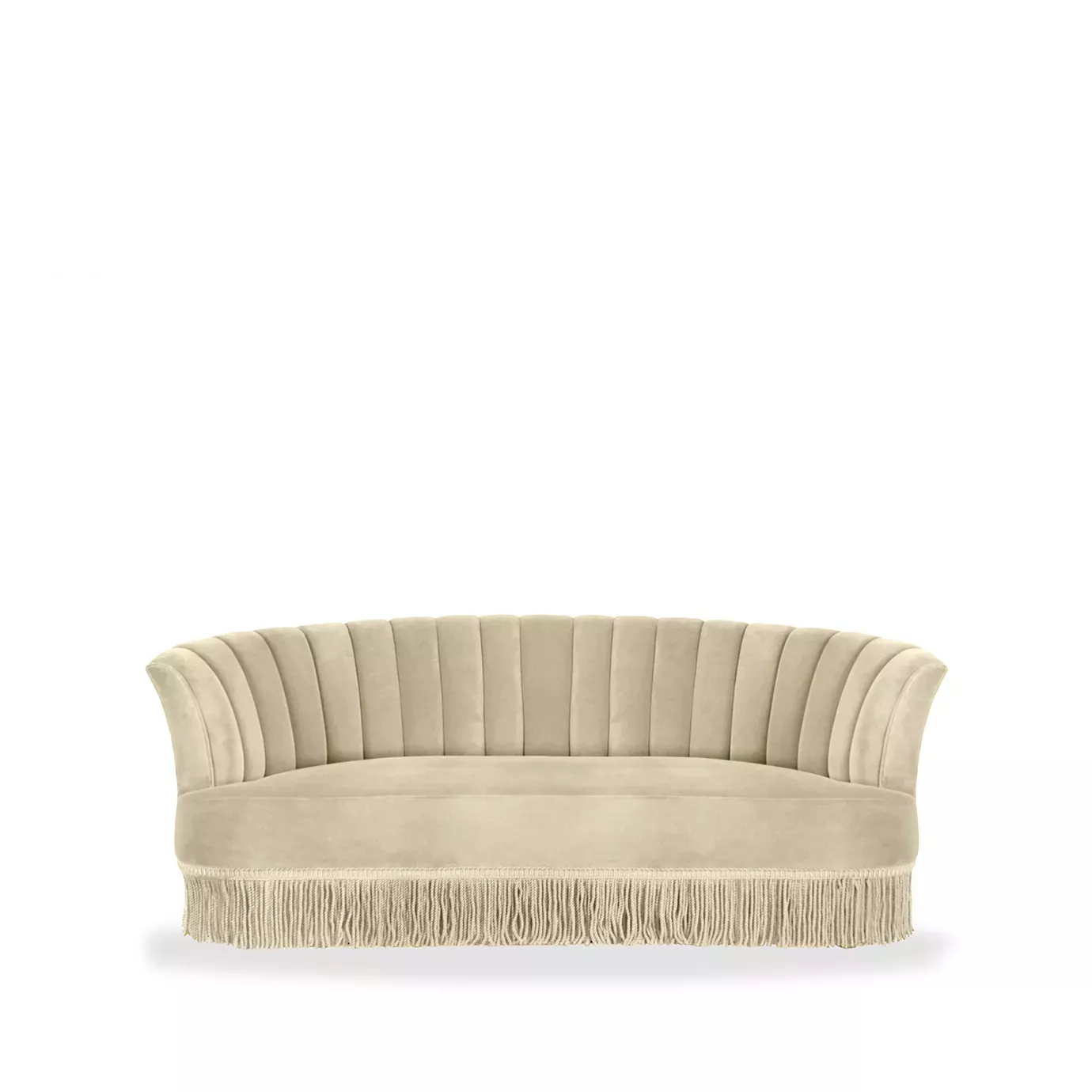 Elegant Sevilliana Sofa upholstered in cream fabric with pleated details on the backrest and a long fringe at the base.