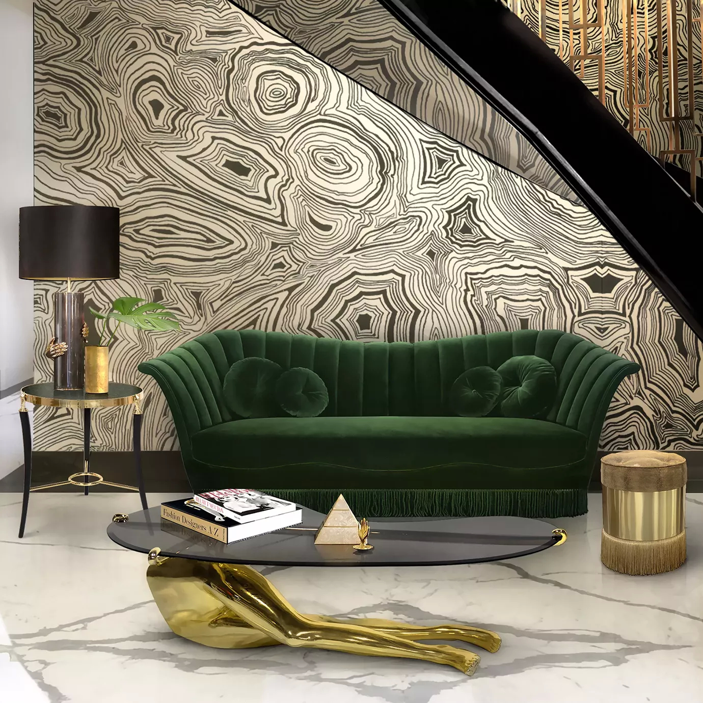 Elegant living room with a Caprichosa Fully Upholstered Sofa in green velvet with pleated details, matching round cushions and fringe at the base, a Tabu Coffee Table with a golden base and glass top, and a Gisele side table.
