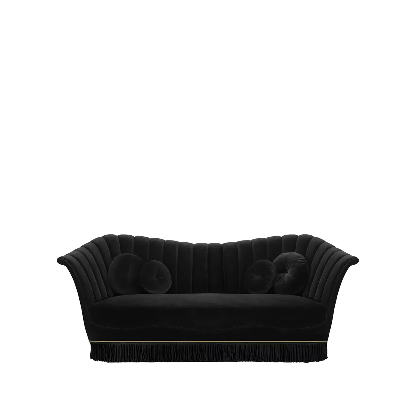 Elegant Caprichosa Fully Upholstered Sofa in black velvet with pleated details, matching round cushions, and a black fringe with golden accents at the base.