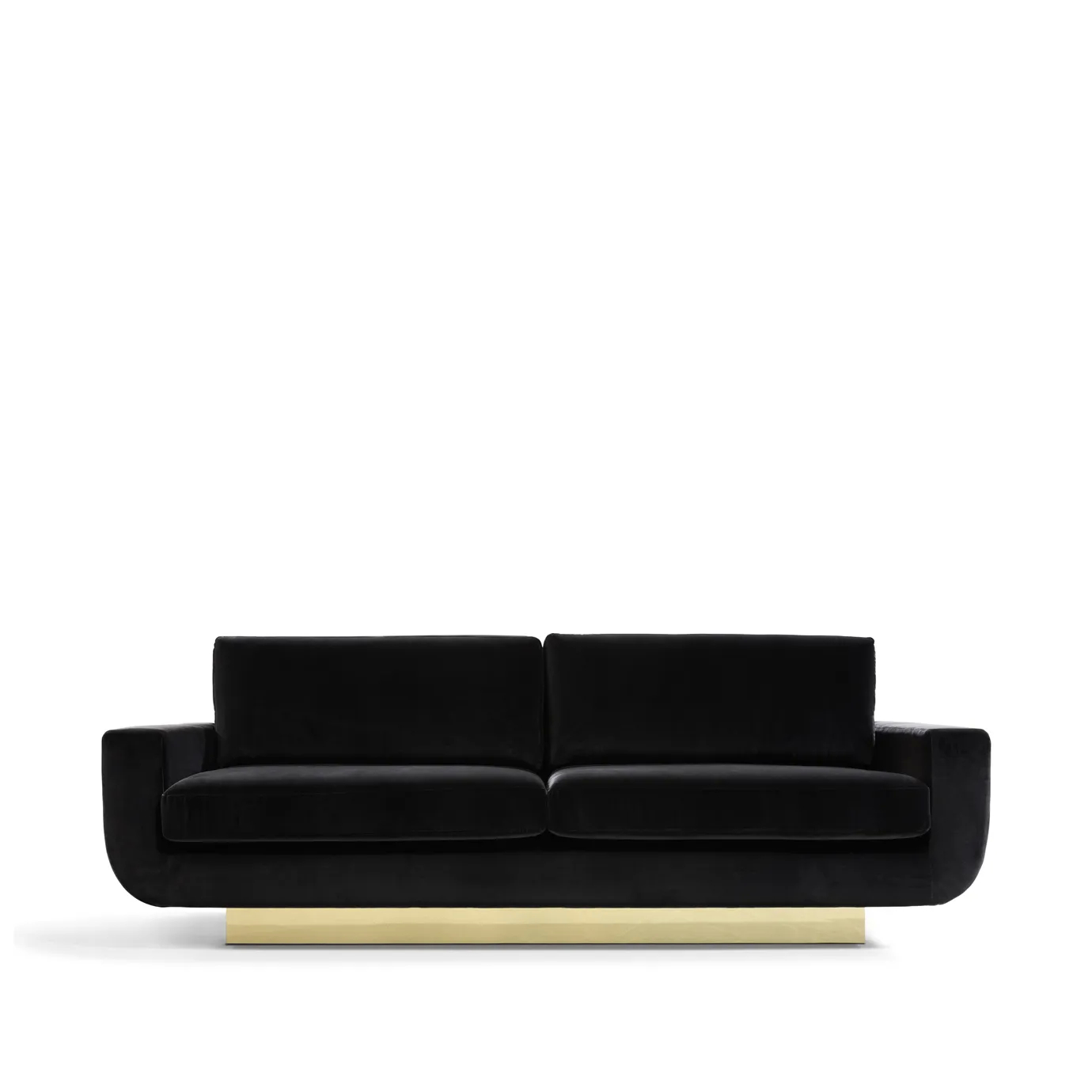 A luxurious Sofia Sofa by Koket features a sleek, low-profile design upholstered in rich black velvet, elevated by a striking gold base.