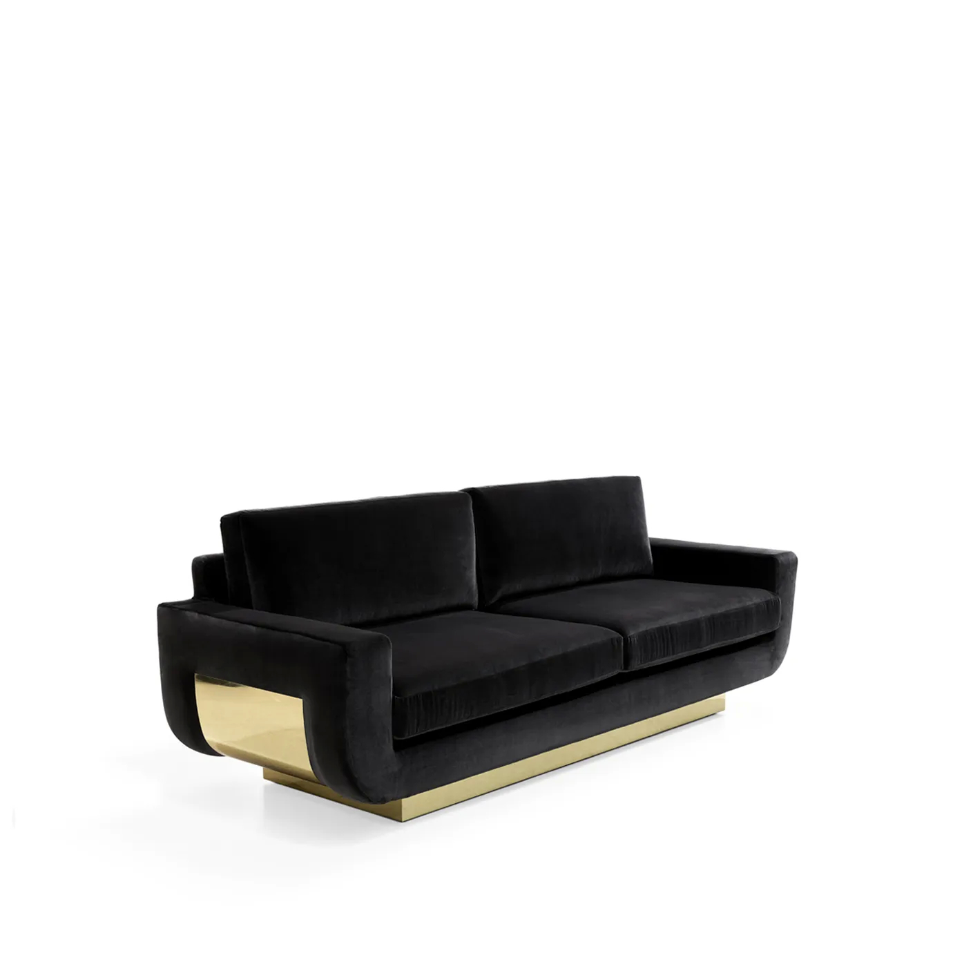 A luxurious Sofia Sofa by Koket is shown at an angle, highlighting its rich black velvet upholstery and striking, curved gold base.