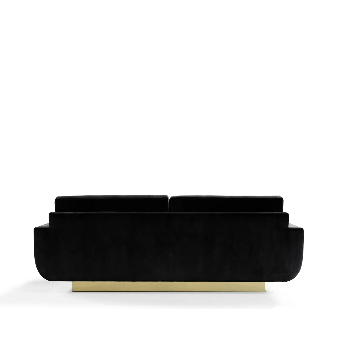 A view of the back of the luxurious Sofia Sofa by Koket, upholstered in rich black velvet and featuring a striking gold base.