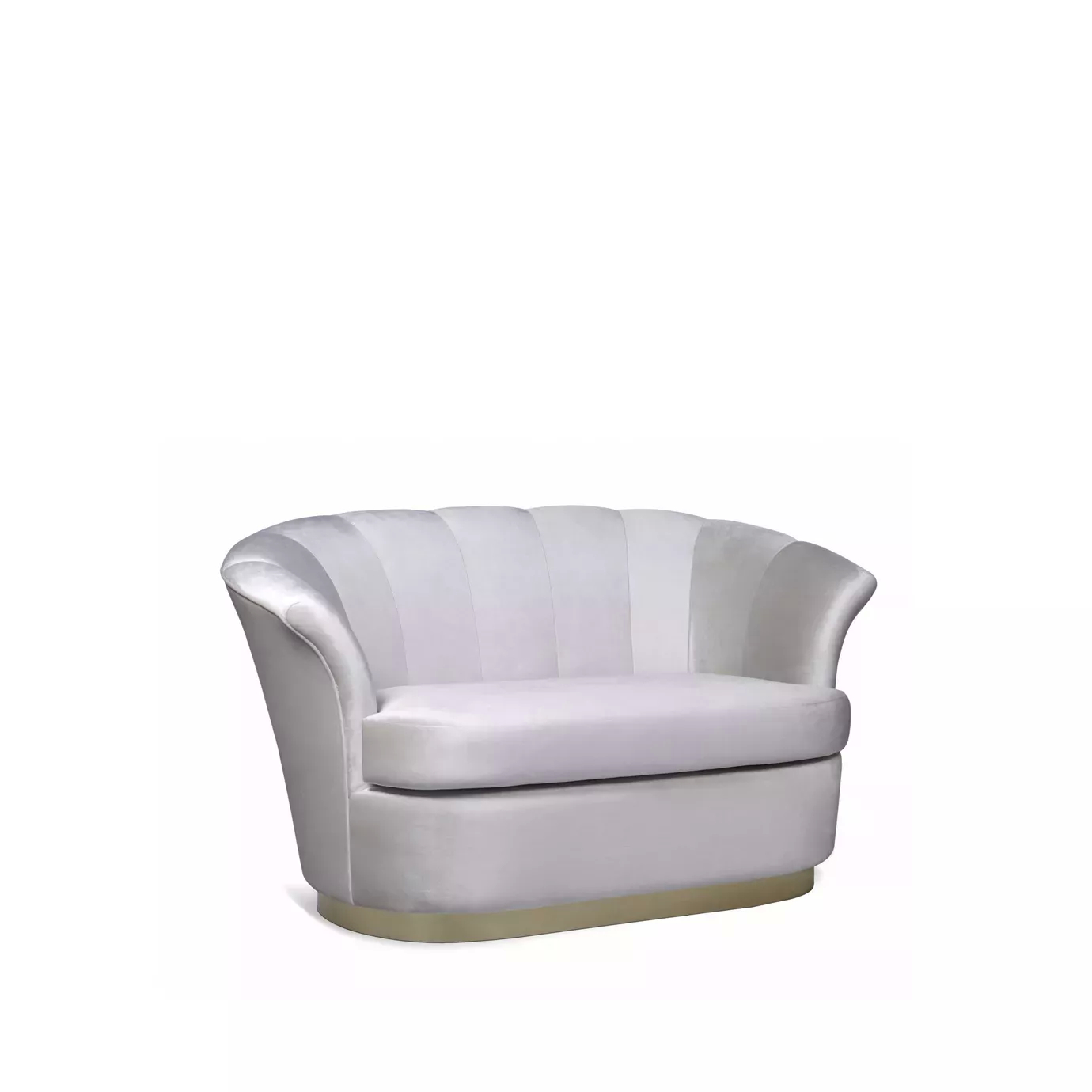 Elegant Besame Sofa with a golden metal base and white fabric upholstery with pleated details.
