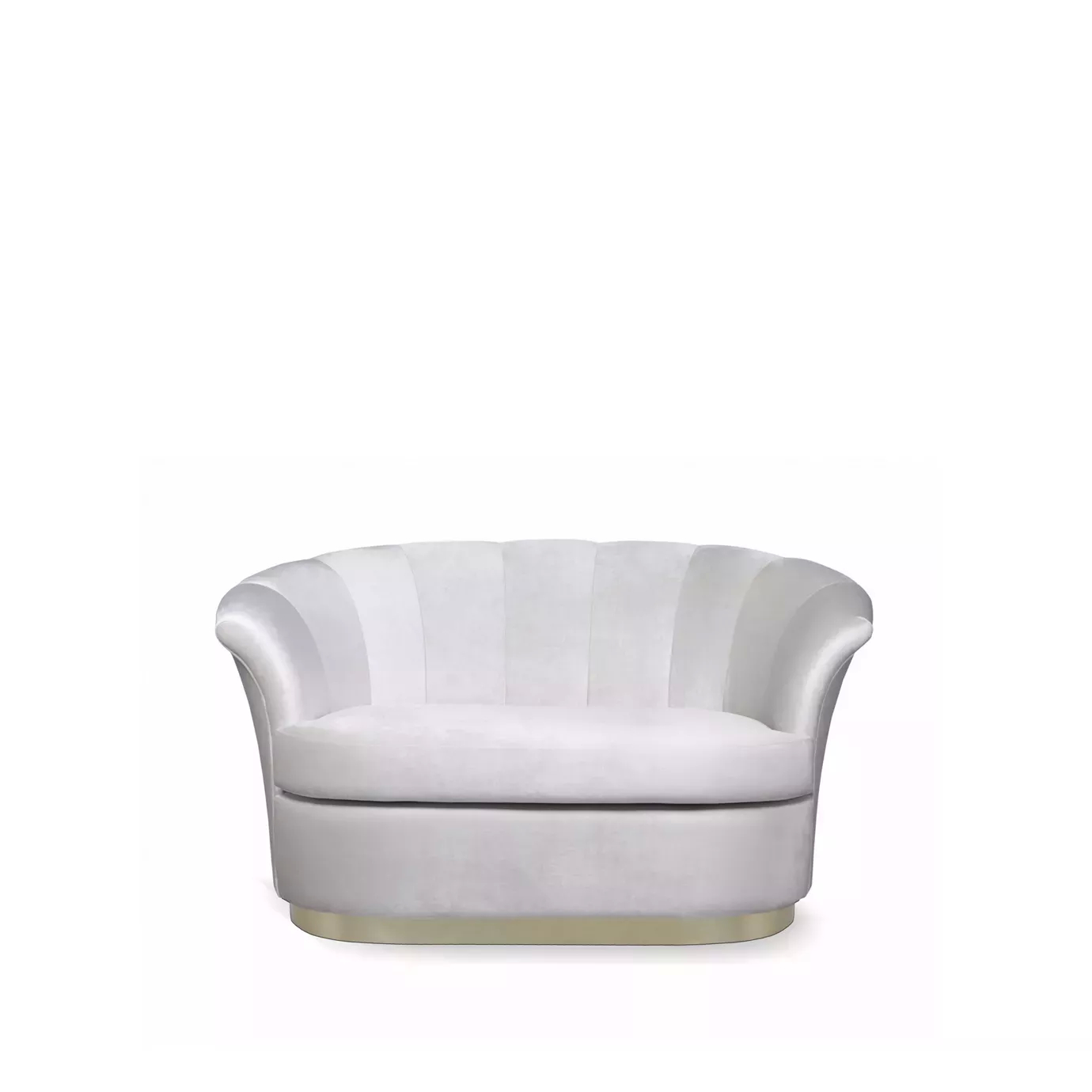 Elegant Besame Sofa with a golden metal base and white fabric upholstery with pleated details.