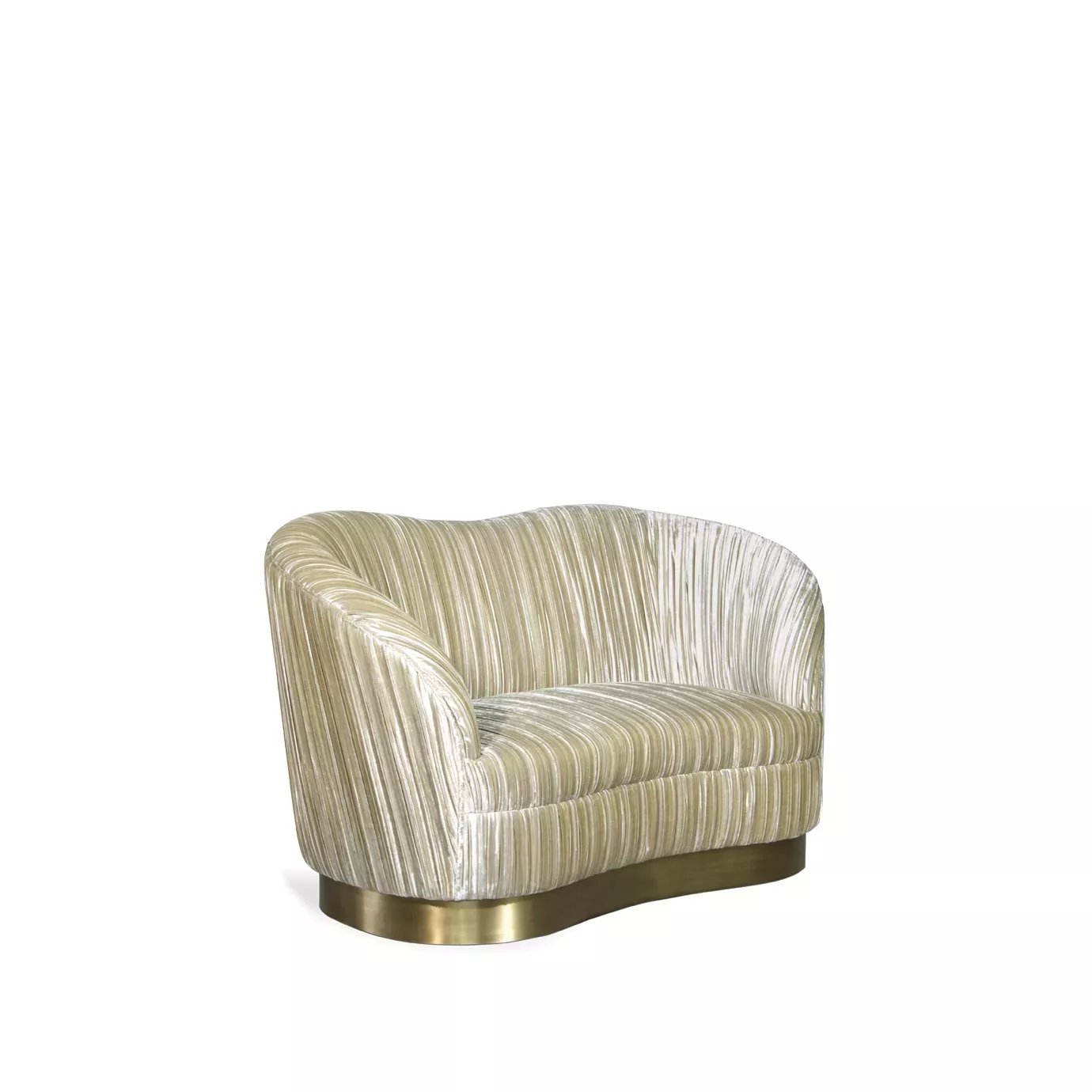 Elegant Kelly Loveseat with a golden metal base and textured beige fabric upholstery with pleated details.