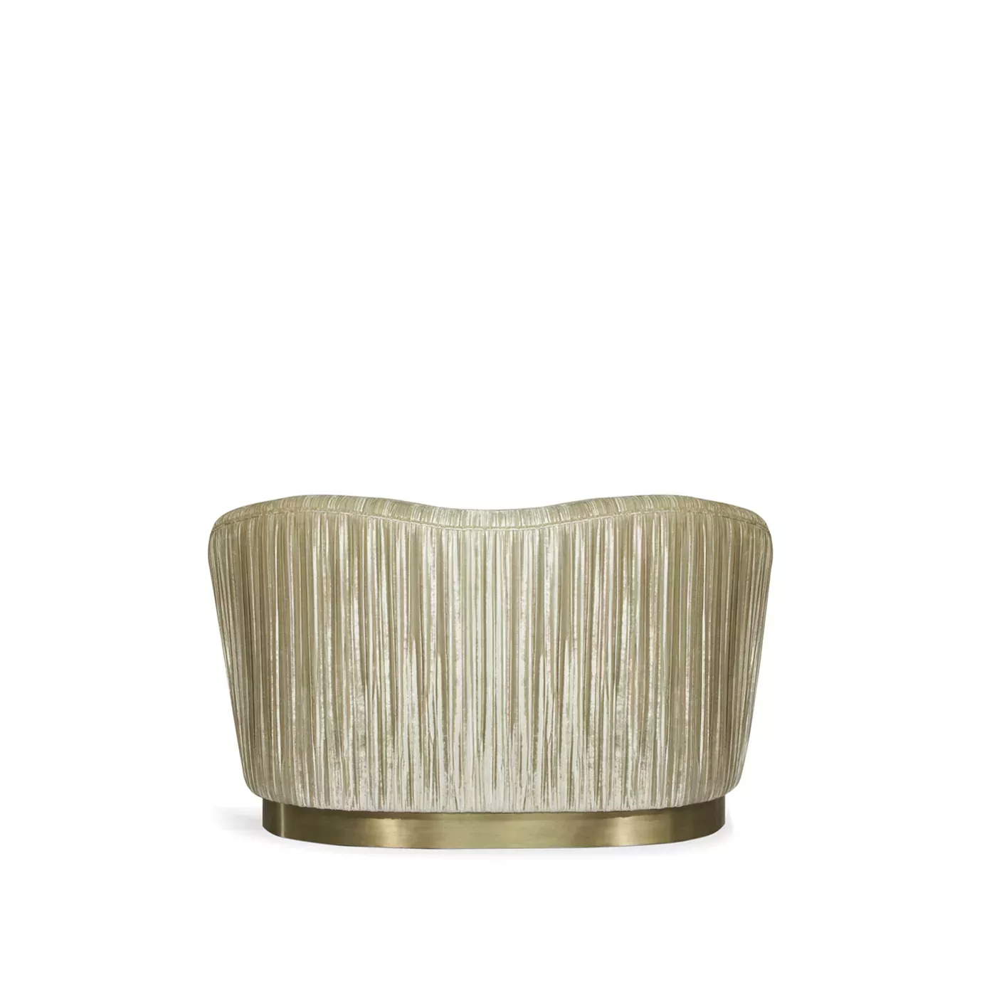 Elegant back side of Kelly Loveseat with a golden metal base and textured beige fabric upholstery with pleated details.