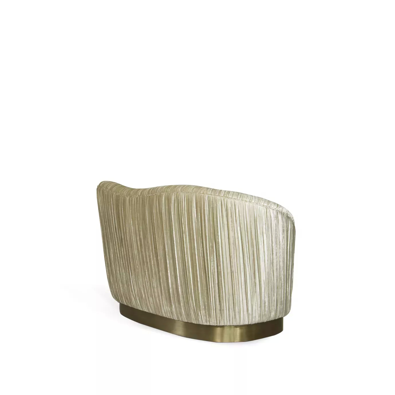 Elegant back side of Kelly Loveseat with a golden metal base and textured beige fabric upholstery with pleated details.