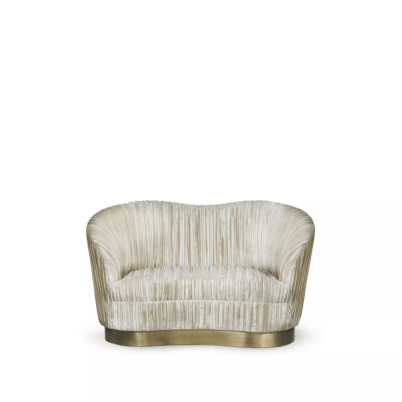 Elegant Kelly Loveseat with a golden metal base and textured beige fabric upholstery with pleated details.
