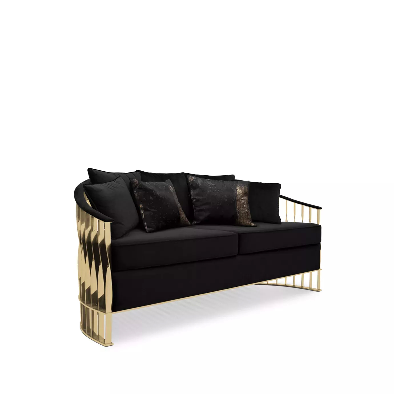 Elegant Mandy Sofa with a golden metal structure featuring a sculptural design and black velvet upholstery with decorative cushions.