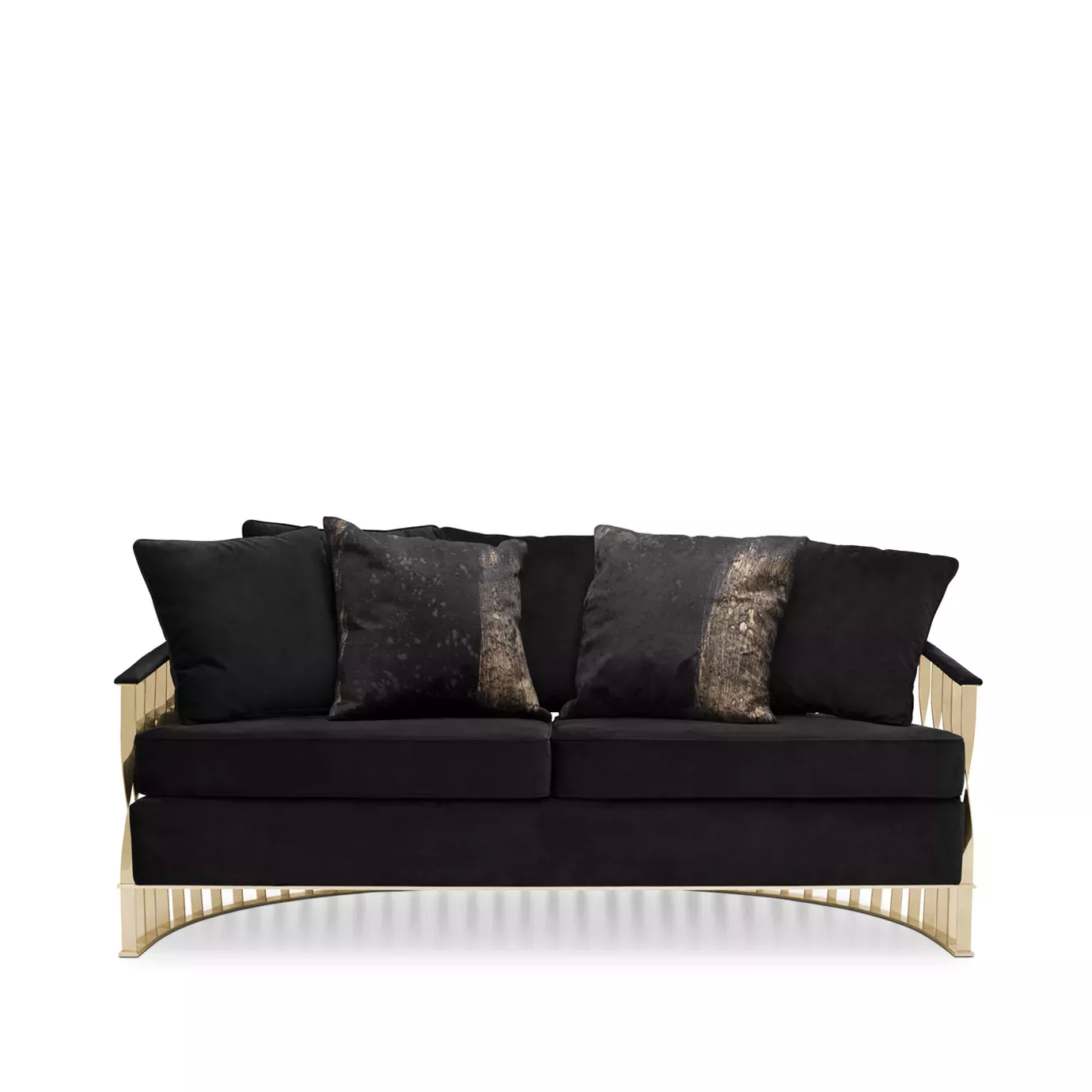 Elegant Mandy Sofa with a golden metal structure featuring a sculptural design and black velvet upholstery with decorative cushions.