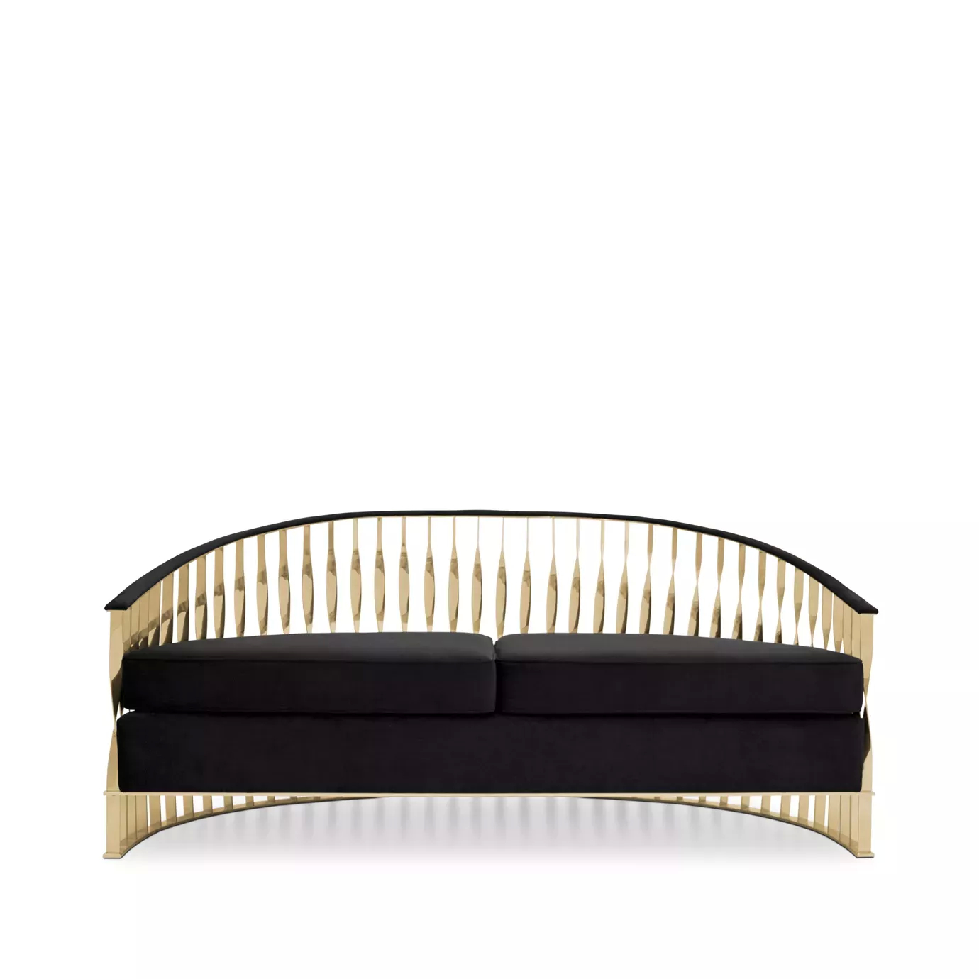 Elegant Mandy Sofa with a golden metal structure featuring a sculptural design and black velvet upholstery.