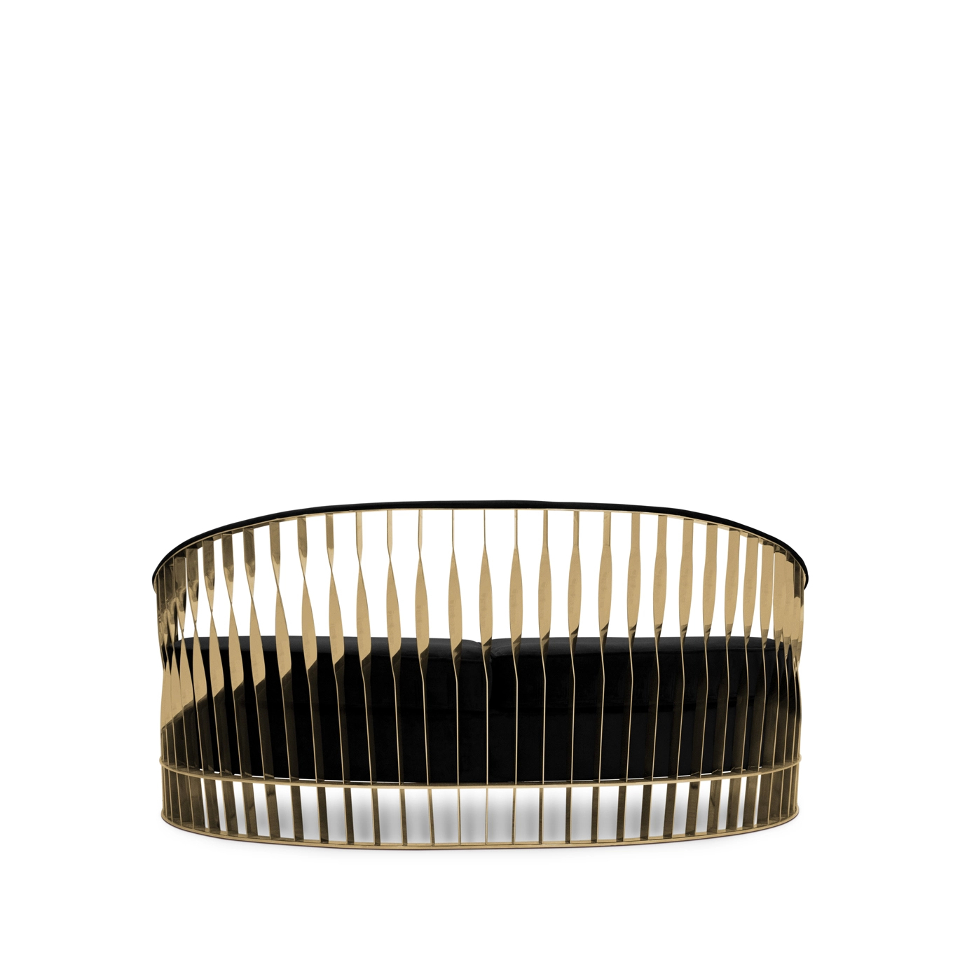 Elegant Mandy Sofa with a golden metal structure featuring a sculptural design and black velvet upholstery.