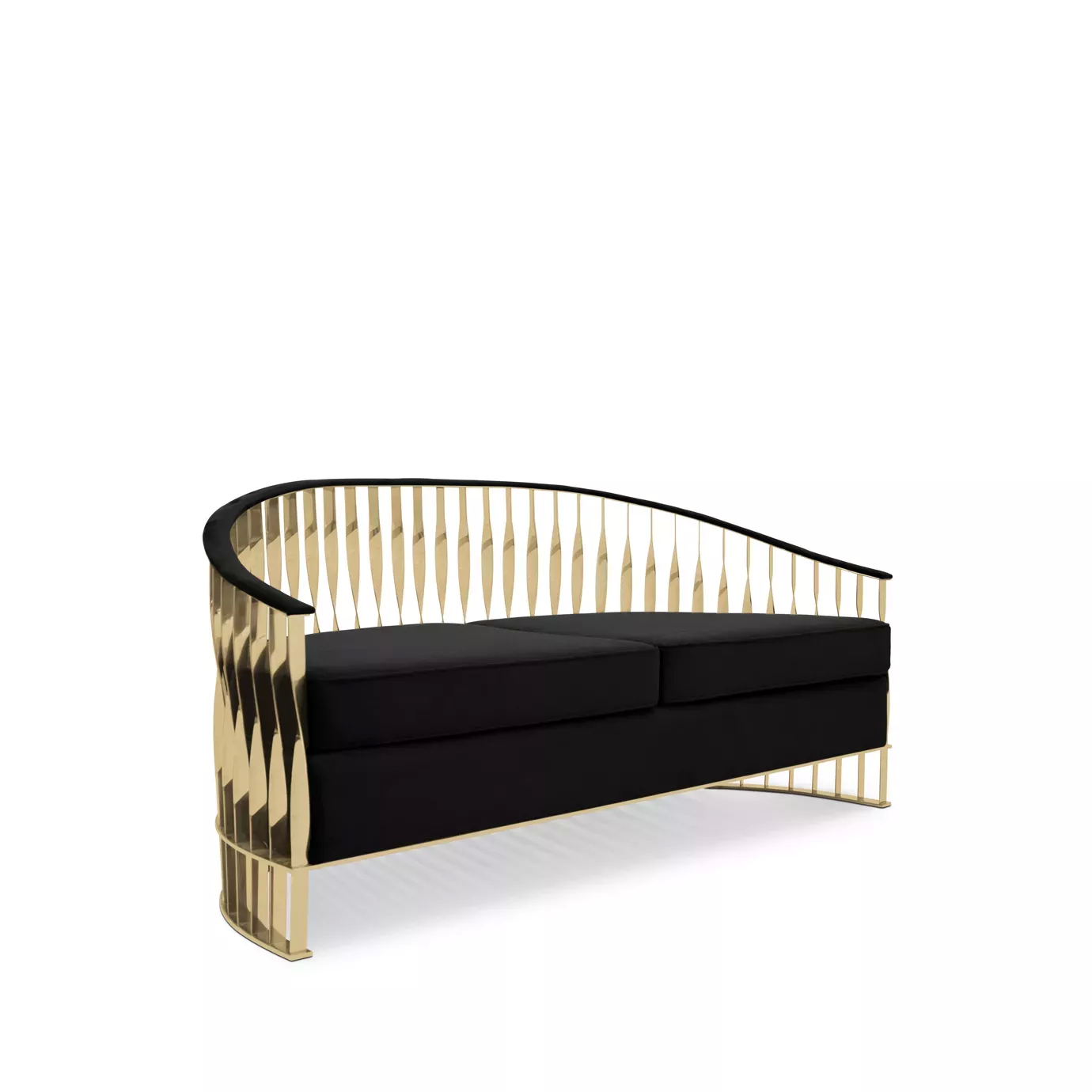 Elegant Mandy Sofa with a golden metal structure featuring a sculptural design and black velvet upholstery.