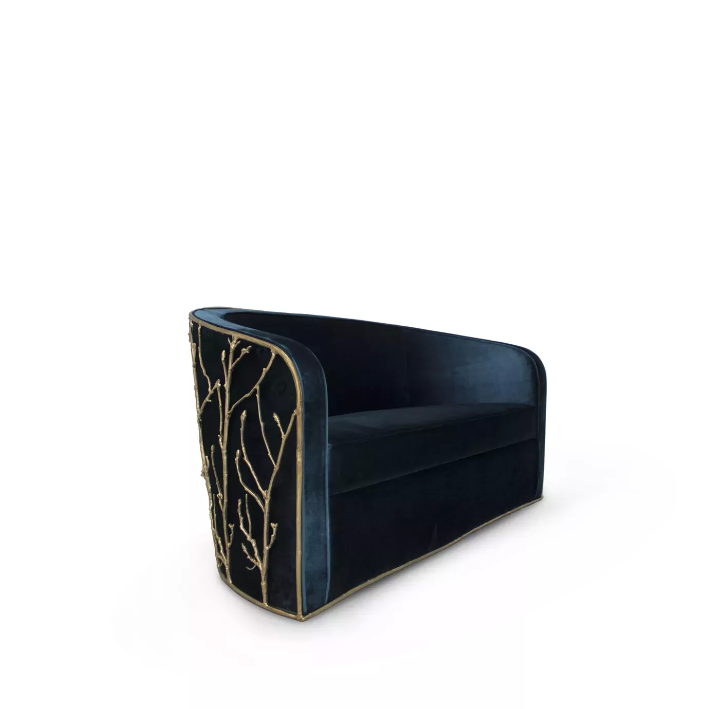 Side view of the Enchanted Sofa, showcasing its intricate aged brass structure resembling branches, contrasting with the elegant dark green upholstery.