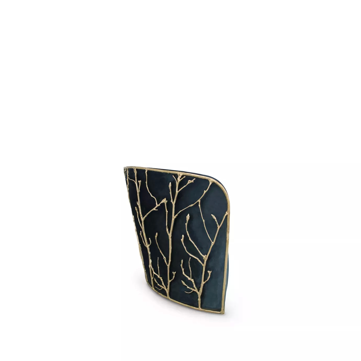 Side view of the Enchanted Sofa, highlighting its intricate aged brass structure resembling branches, contrasting with the elegant dark green upholstery.