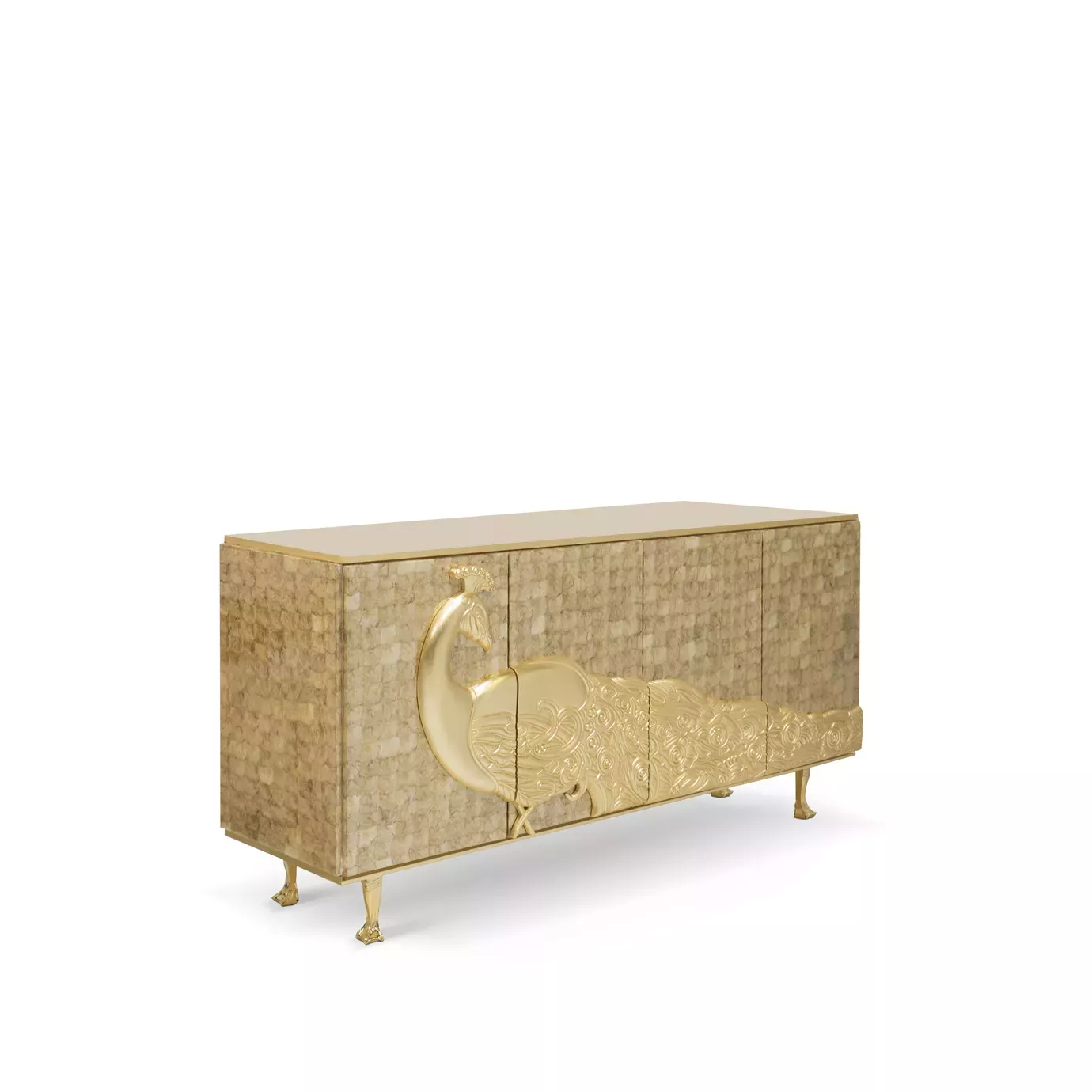 Camilia Mother of Pearl Cabinet with golden peacock and elegant finish.
