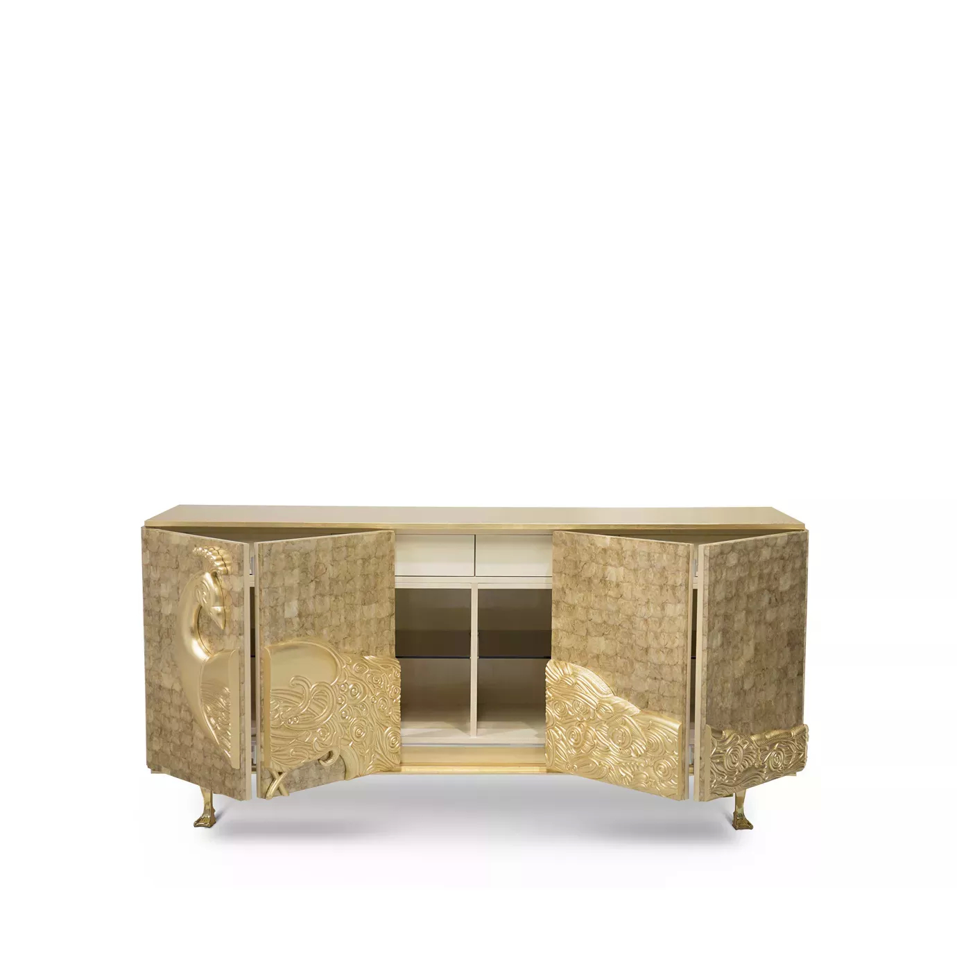 Open Camilia Mother of Pearl Cabinet revealing interior and peacock detail.
