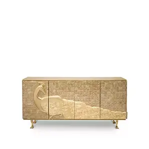 Camilia Mother of Pearl Cabinet with elegant golden peacock on the side.