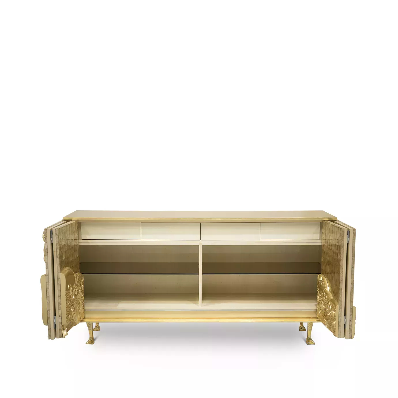 Spacious interior of the Camilia Mother of Pearl Cabinet with shelves and drawers.