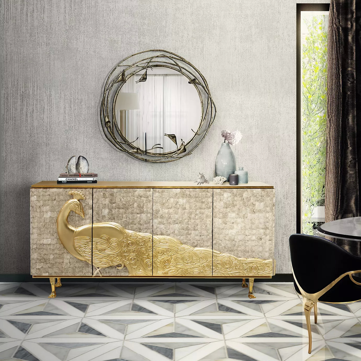 Elegant Camilia Mother of Pearl Cabinet with golden peacock in dining room.