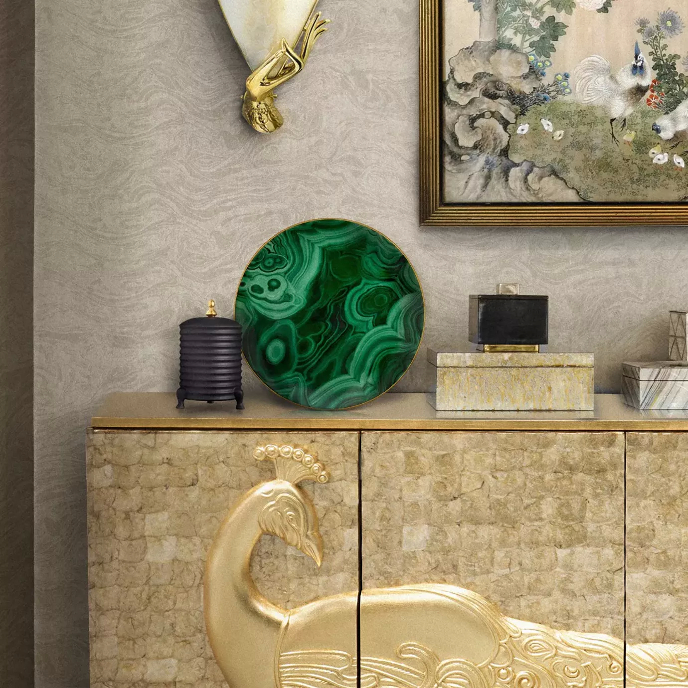 Green L'Objet Malachite Dessert Plate on elegant Camilia cabinet.