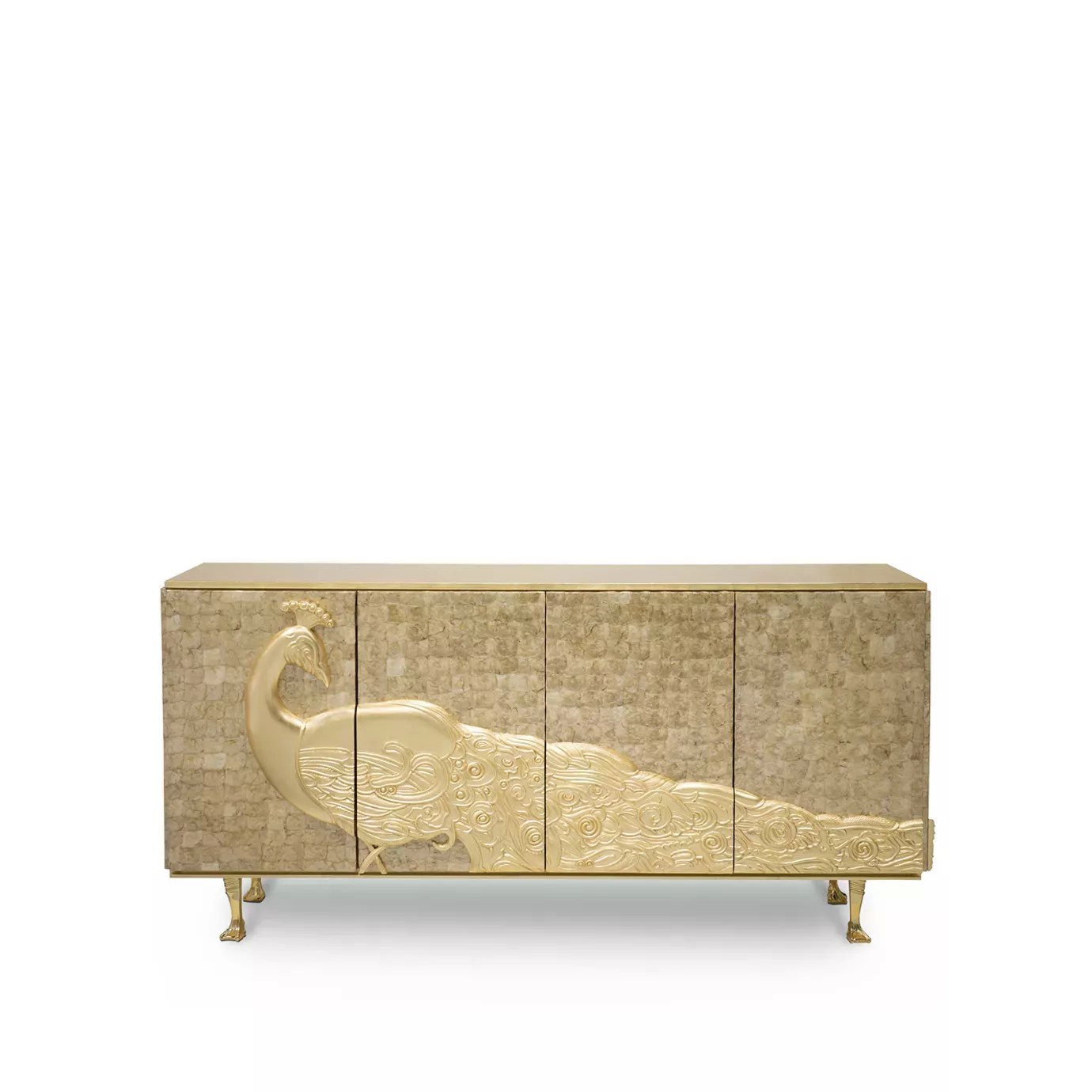 Camilia Mother of Pearl Cabinet with elegant golden peacock on the side.