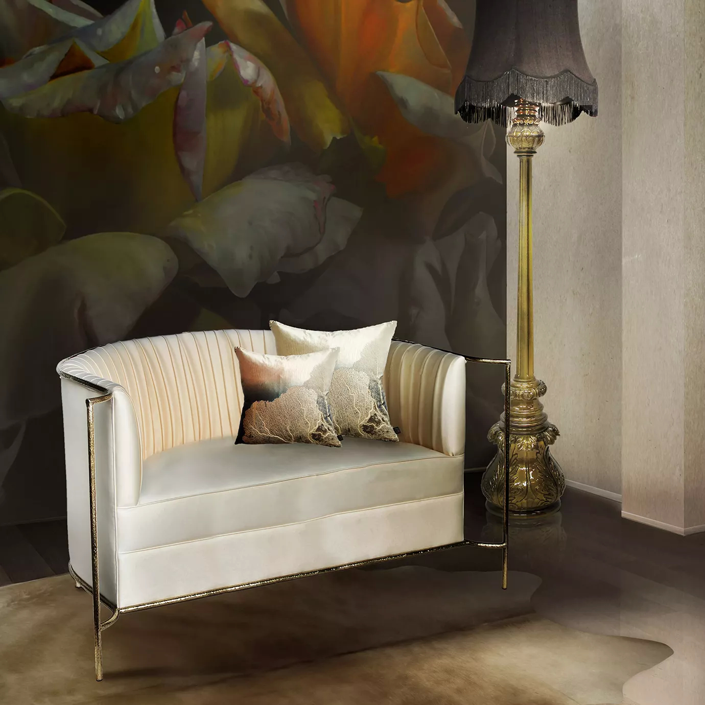 Elegant Entice Sofa with golden frame and light fabric upholstery with decorative pillows in a sophisticated setting.