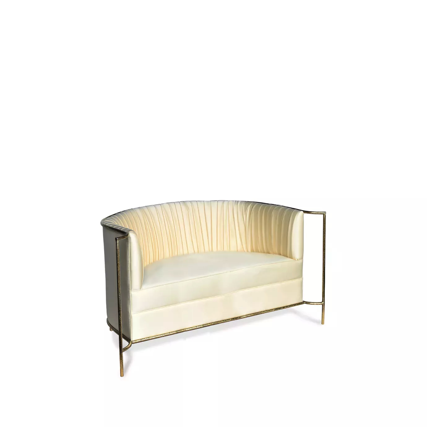 Elegant Desire Sofa with golden metal frame and cream fabric upholstery with pleated details.