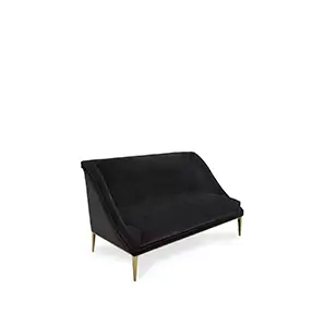 Elegant Geisha Sofa with black velvet upholstery and golden details on the feet.
