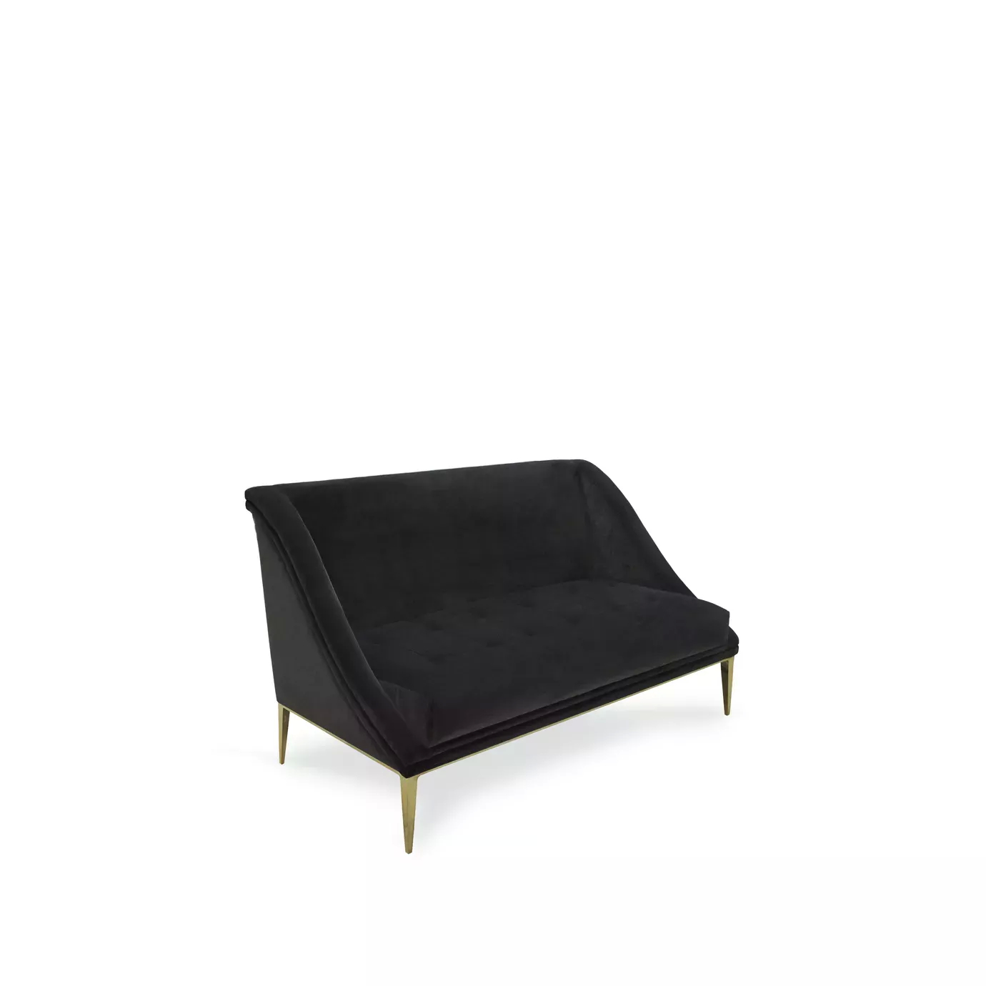 Elegant Geisha Sofa with black velvet upholstery and golden details on the feet.
