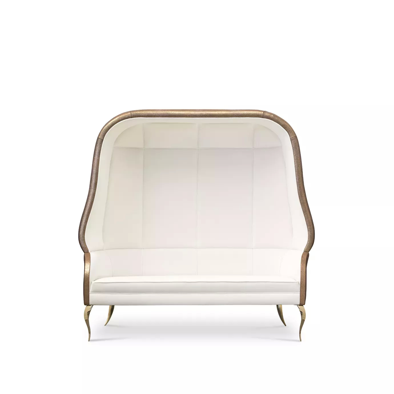 Elegant Drapesse Sofa with a golden textured leather outer structure and an inner upholstery in white fabric with pleated details and golden metal legs.