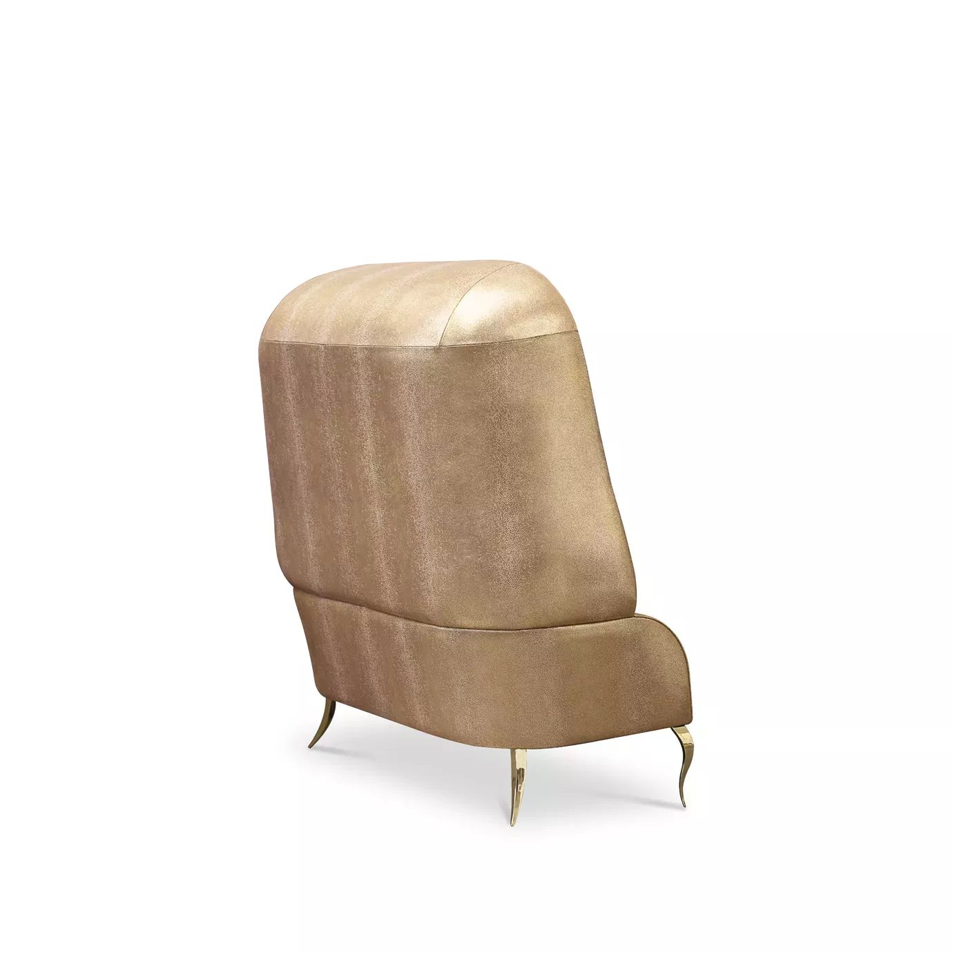 Elegant back side of Drapesse Sofa with a golden textured leather outer structure and an inner upholstery in white fabric with pleated details and golden metal legs.