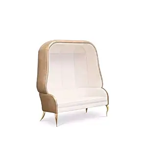 Elegant Drapesse Sofa with a golden textured leather outer structure and an inner upholstery in white fabric with pleated details and golden metal legs.