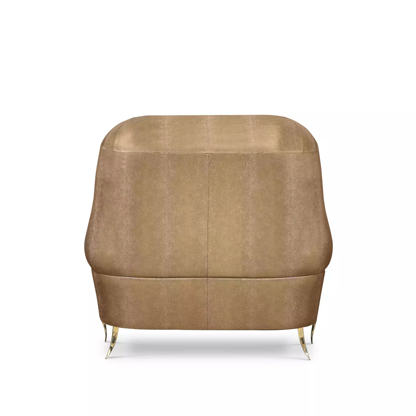 Elegant back side of Drapesse Sofa with a golden textured leather outer structure and an inner upholstery in white fabric with pleated details and golden metal legs.