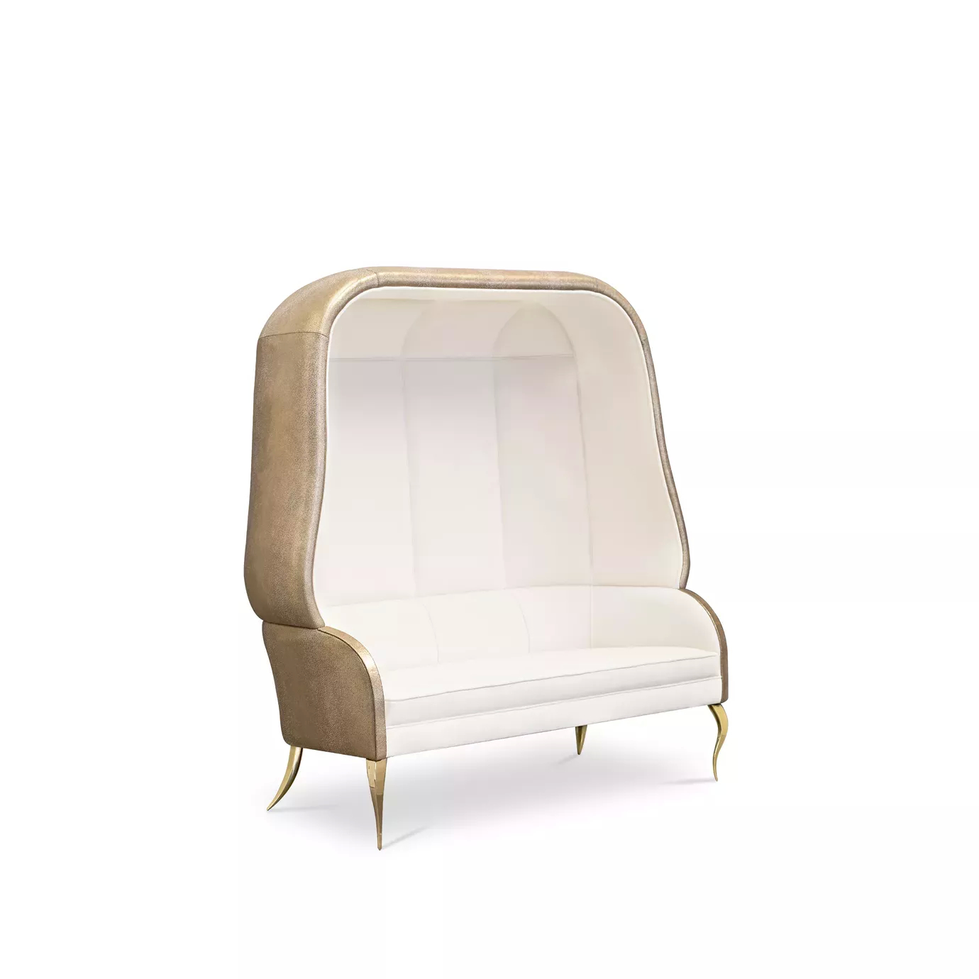 Elegant Drapesse Sofa with a golden textured leather outer structure and an inner upholstery in white fabric with pleated details and golden metal legs.