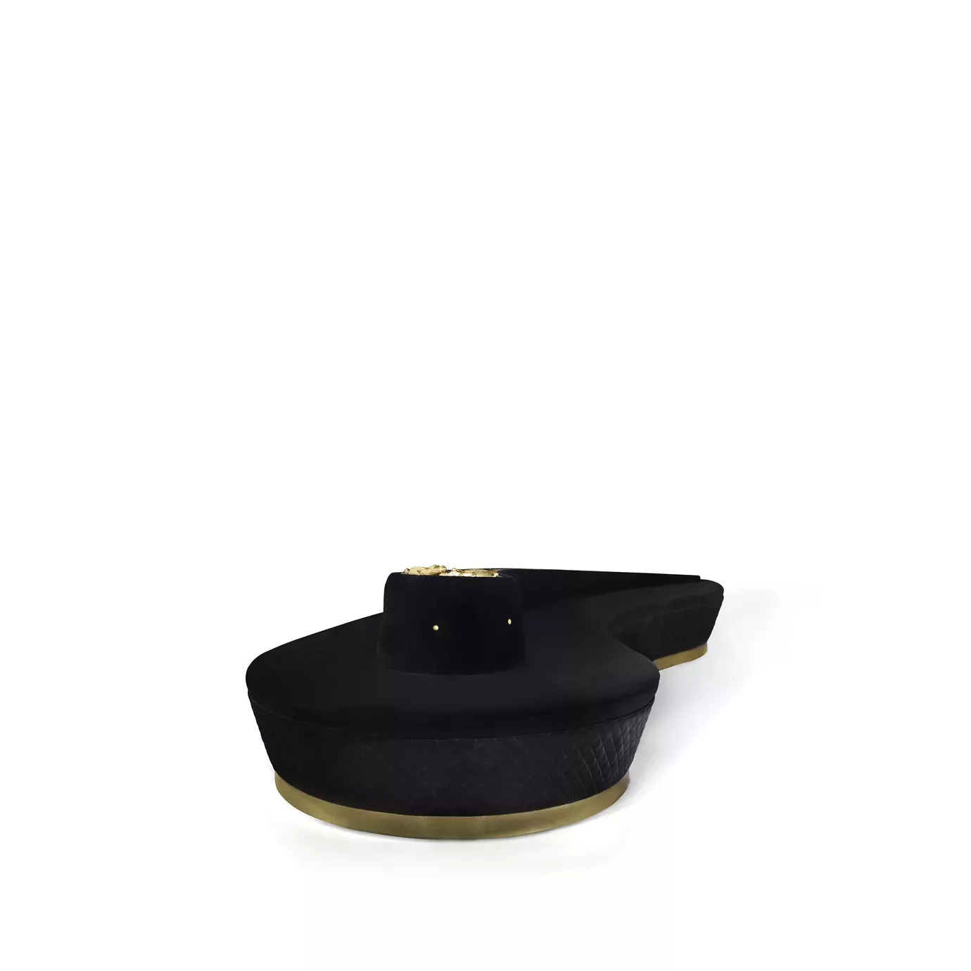 Elegant Reptilia Sofa with sculptural curved design, black velvet upholstery, and golden details.