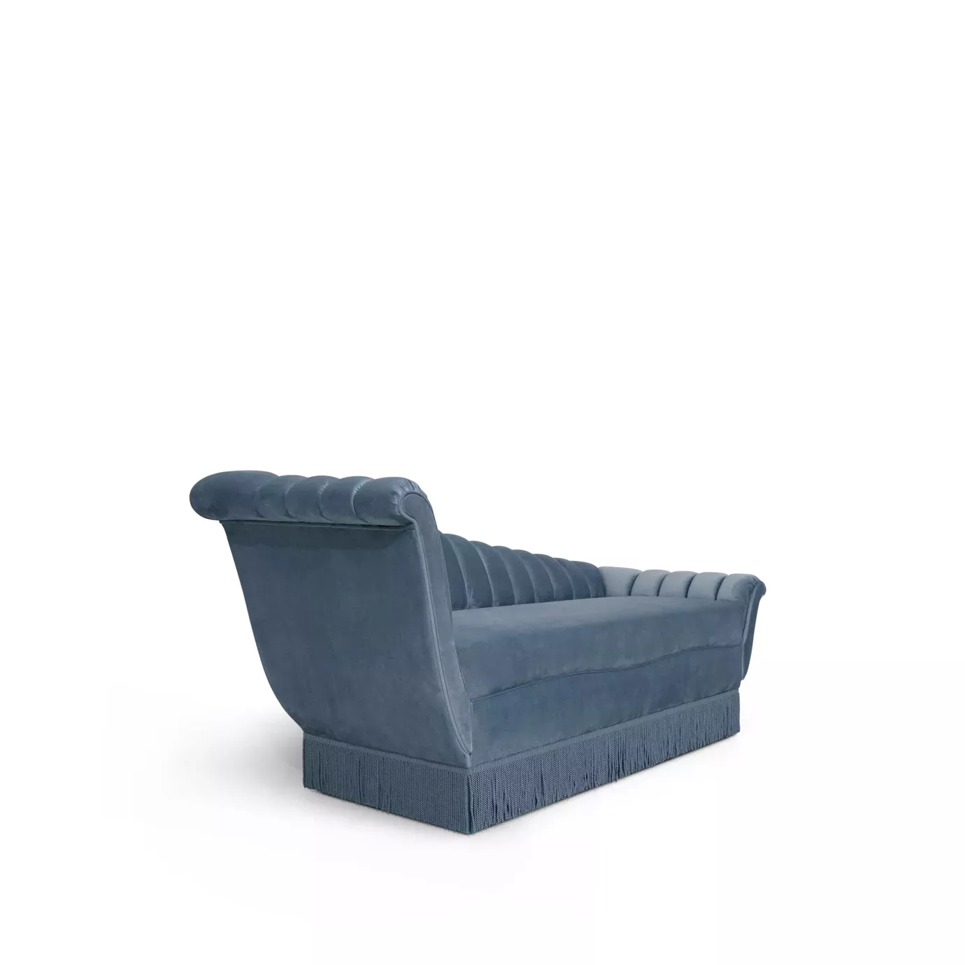 Elegant Millicent Chaise with blue velvet upholstery and pleated details.