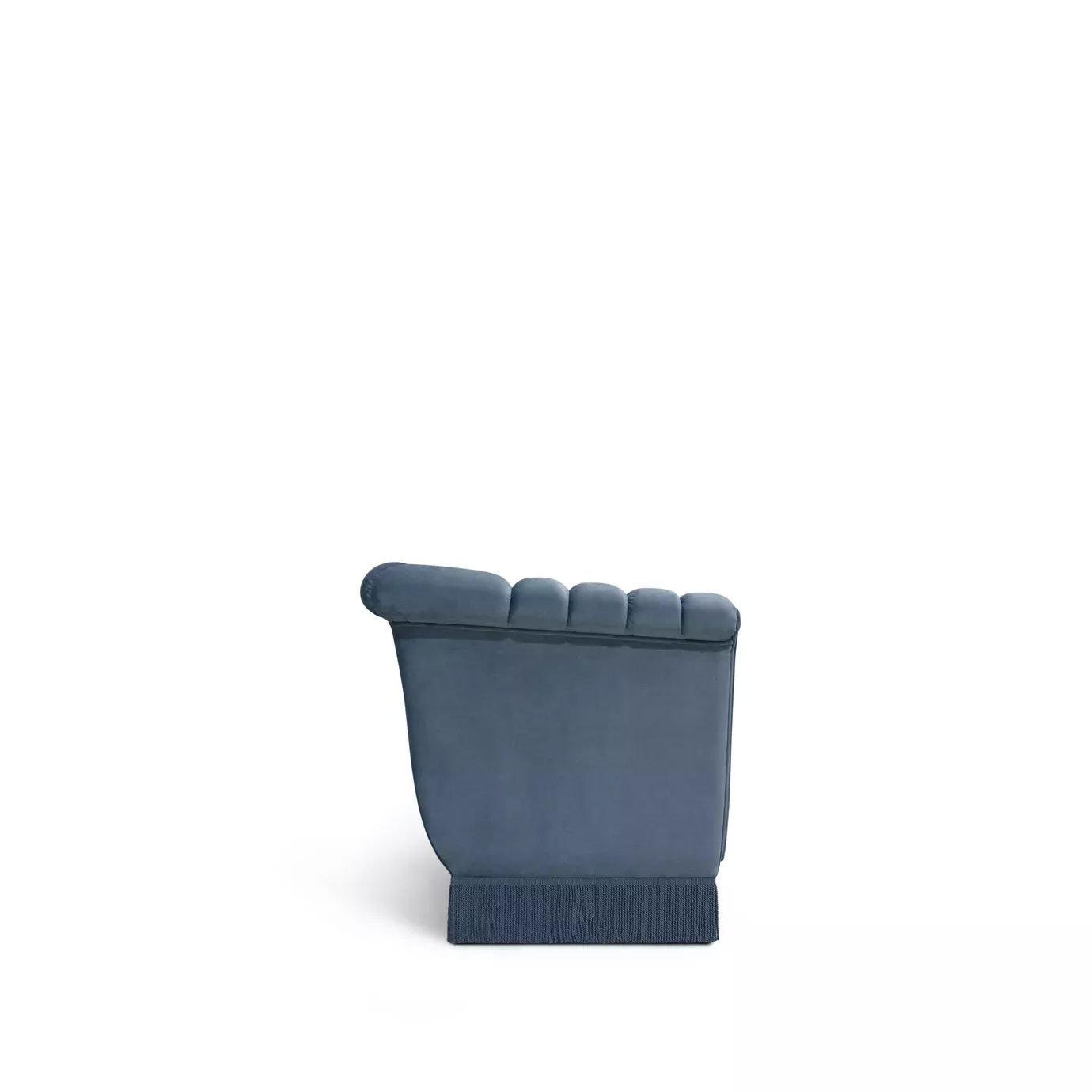 Elegant Millicent Chaise with blue velvet upholstery and pleated details.