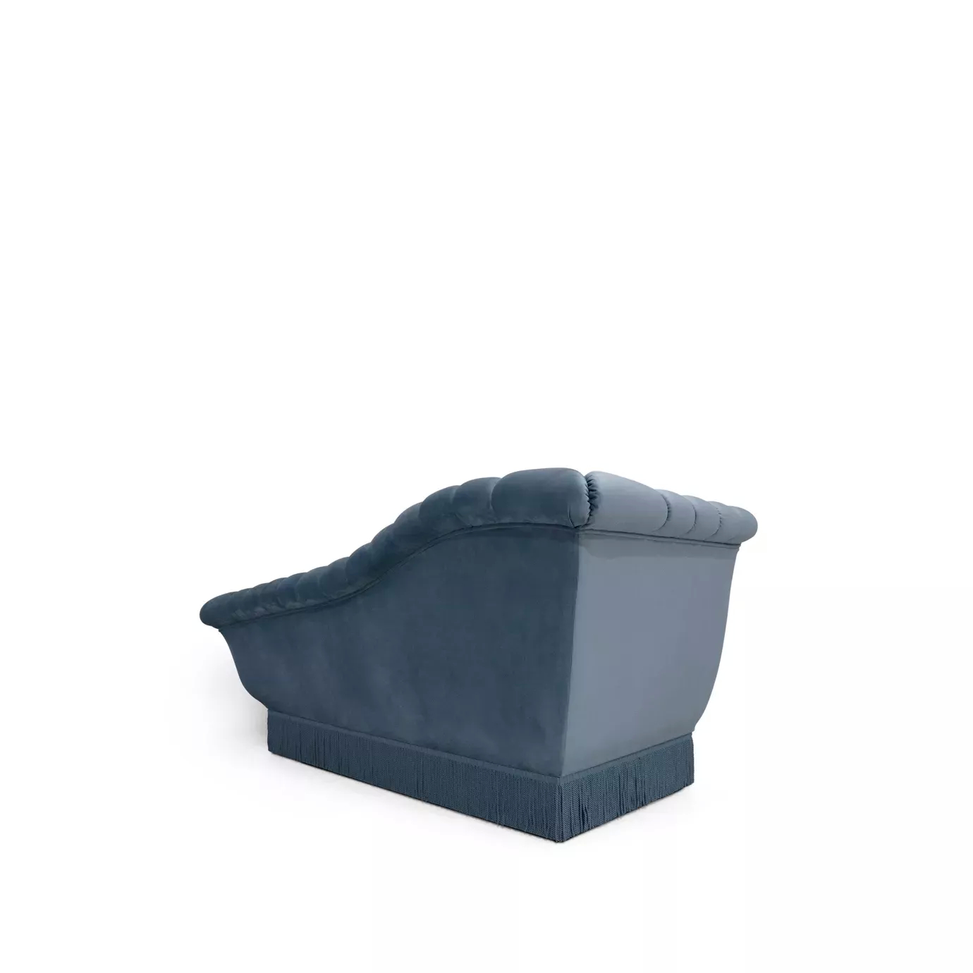 Elegant Millicent Chaise with blue velvet upholstery and pleated details.