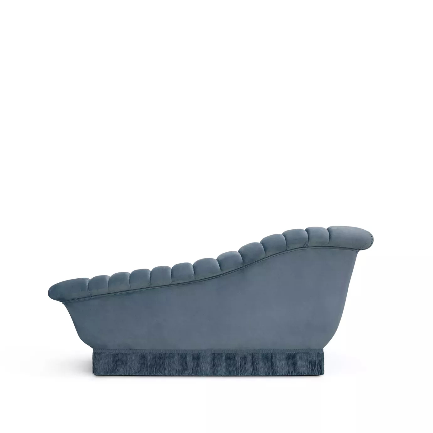 Elegant Millicent Chaise with blue velvet upholstery and pleated details.