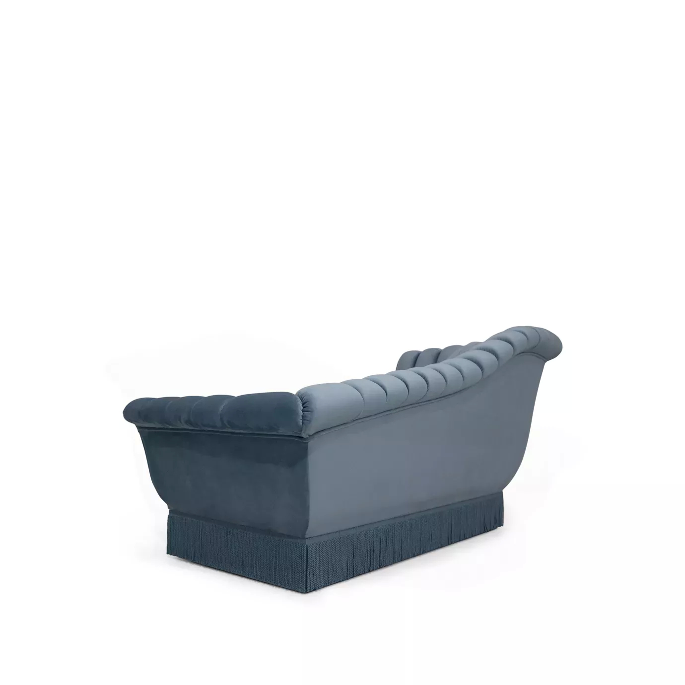 Elegant Millicent Chaise with blue velvet upholstery and pleated details.