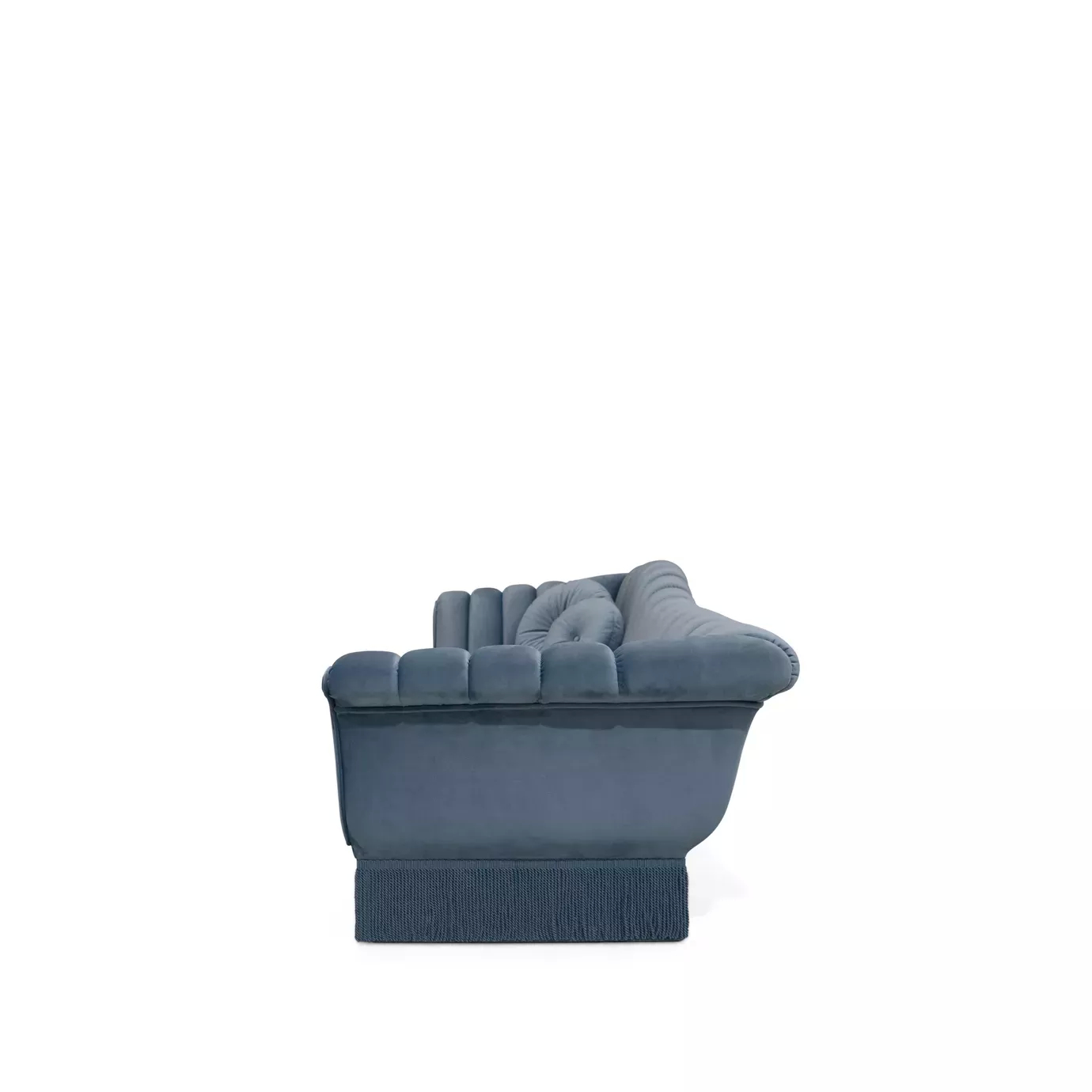 Elegant Millicent Chaise with blue velvet upholstery, pleated details, and round pillows.