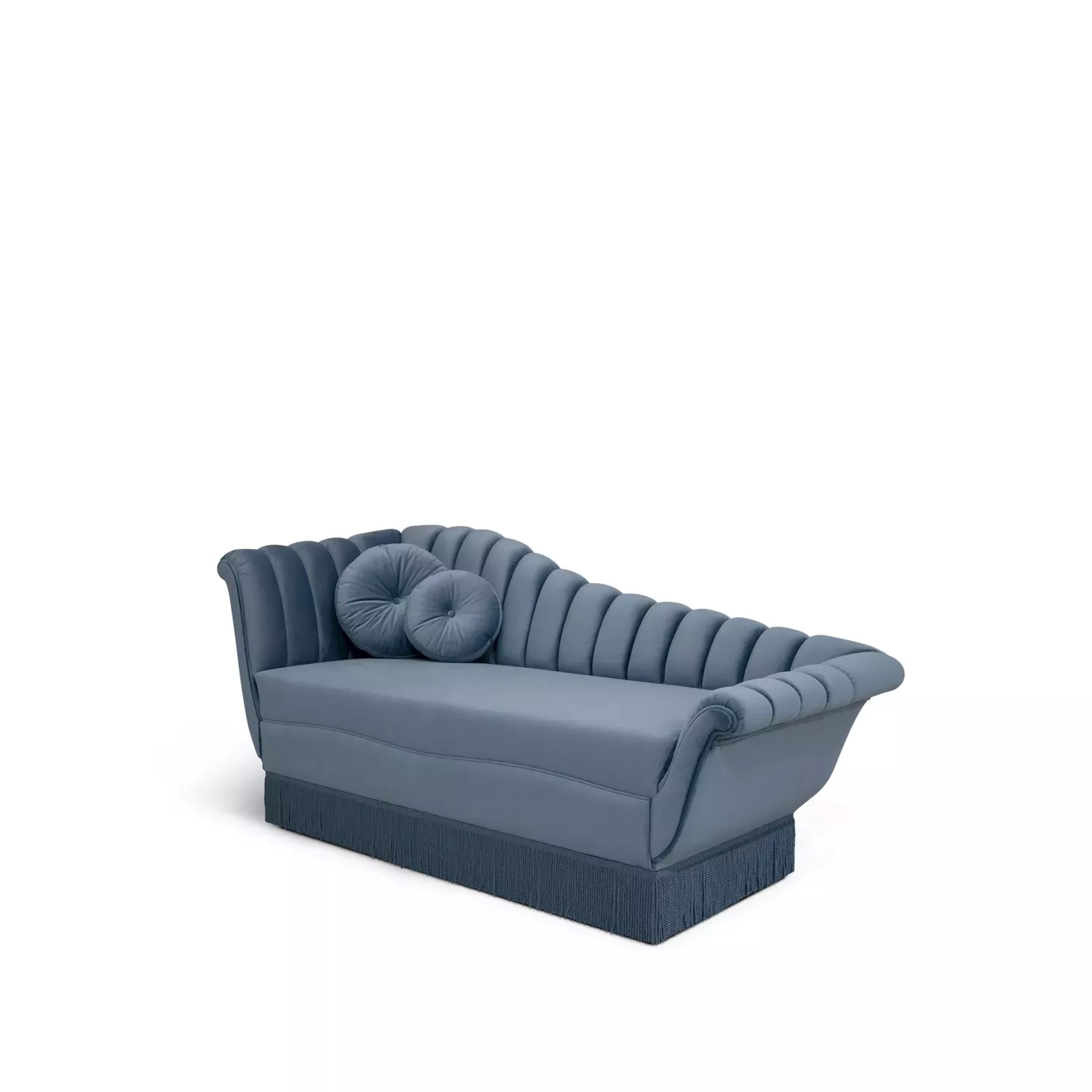 Elegant Millicent Chaise with blue velvet upholstery, pleated details, and round pillows.