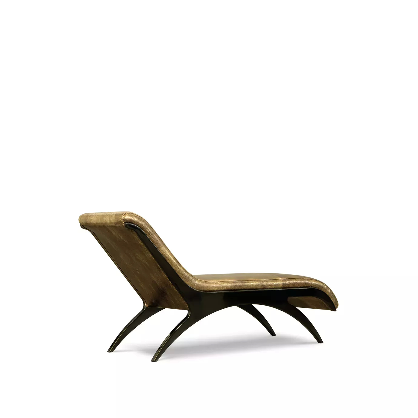 Elegant Zeba Chaise with ergonomic design, textured leather upholstery in golden tones, and sculptural dark base.