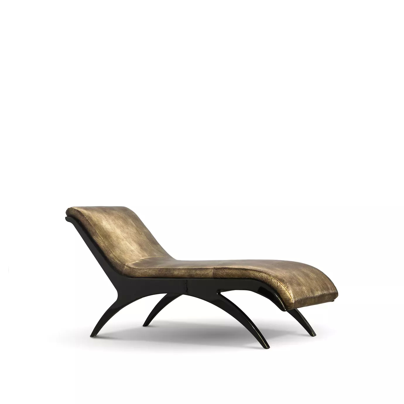 Elegant Zeba Chaise with ergonomic design, textured leather upholstery in golden tones, and sculptural dark base.