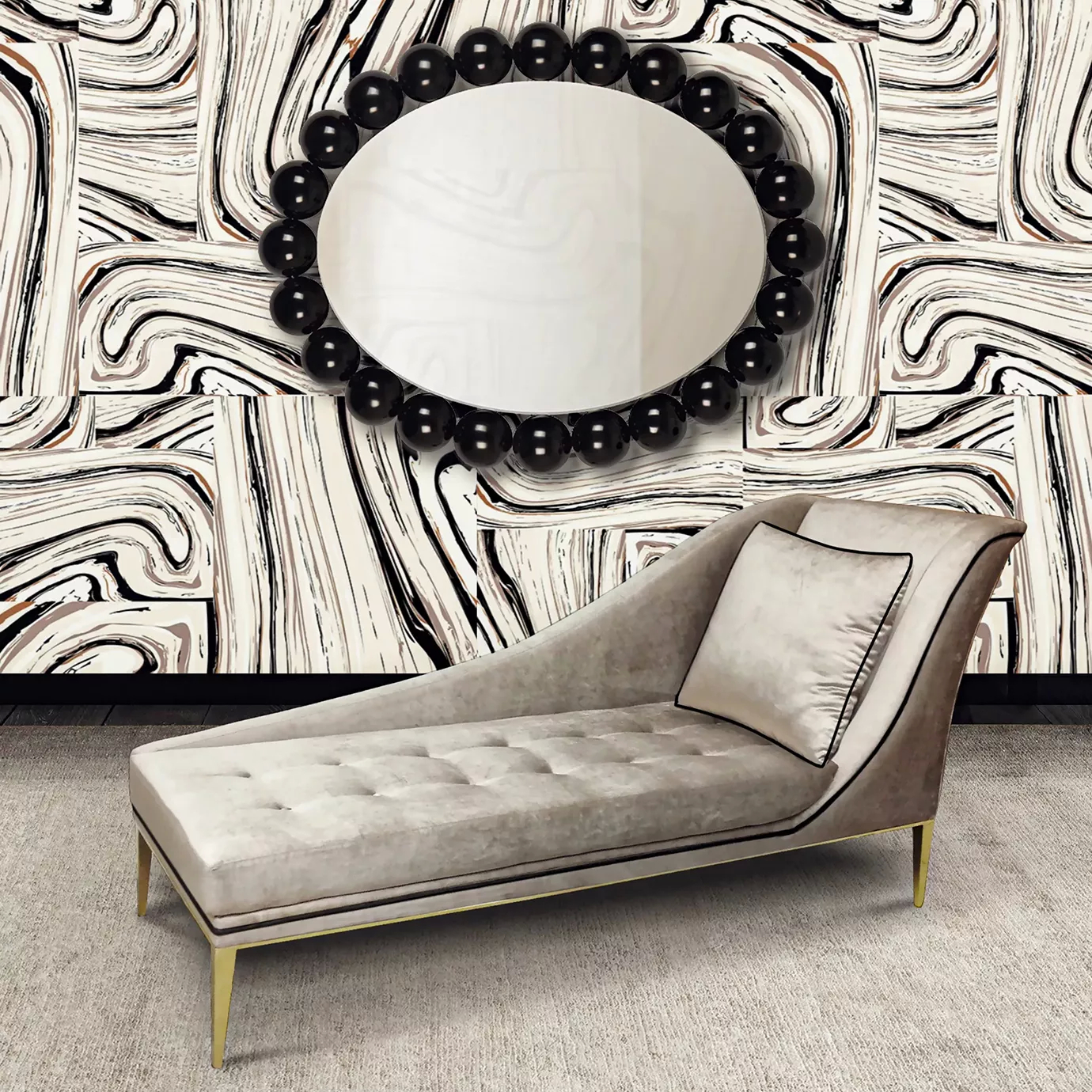 Elegant Envy Chaise with light gray velvet upholstery and golden details in a sophisticated setting with a decorative mirror.