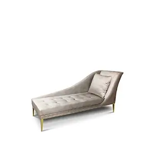 Elegant Envy Chaise with ergonomic design, light gray velvet upholstery, and golden feet.