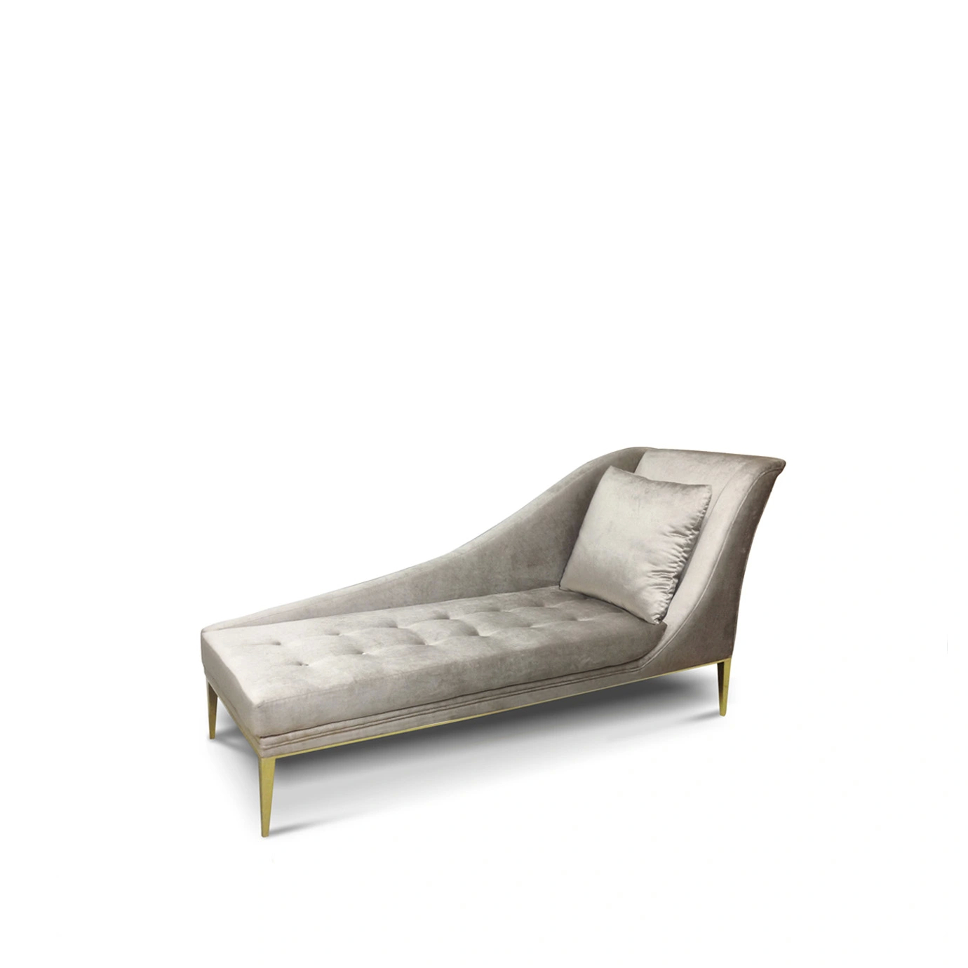 Elegant Envy Chaise with ergonomic design, light gray velvet upholstery, and golden feet.