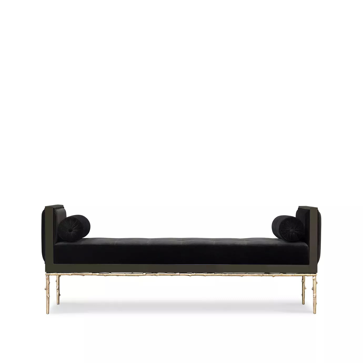Elegant Privê Daybed with black velvet upholstery and cylindrical pillows at the ends.
