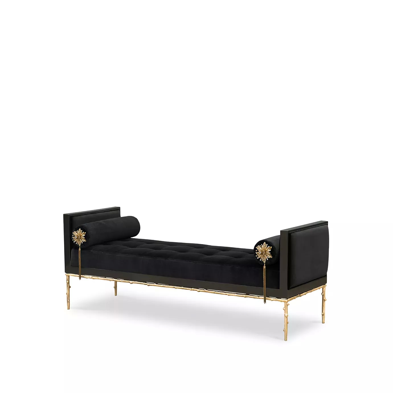Elegant Privê Daybed with black velvet upholstery, sculptural golden details, and cylindrical pillows at the ends.